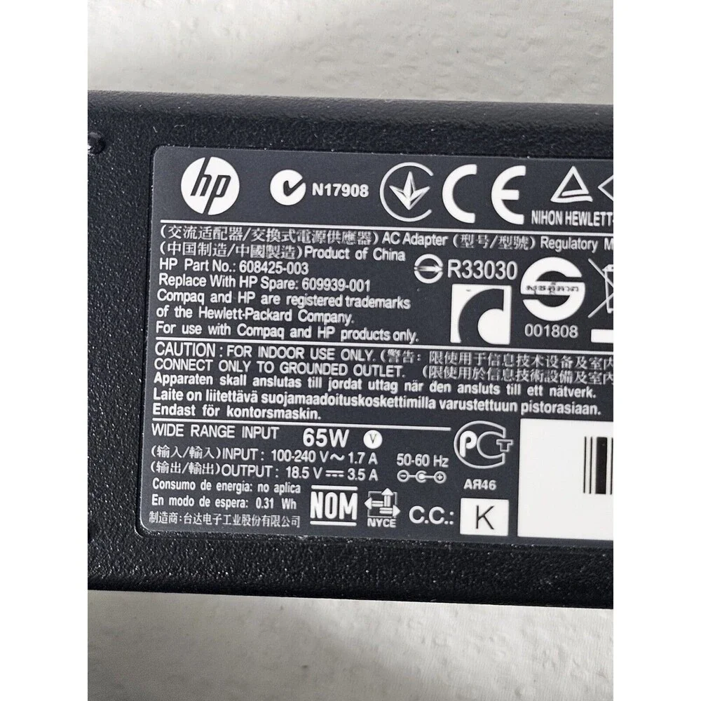 Lot 2 GENUINE HP Part No. 608425-003 65W AC LAPTOP Charger HP ForElitebook 8460p